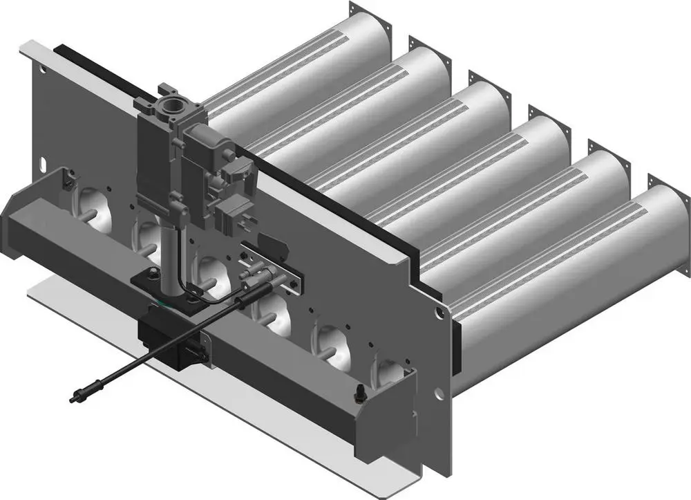 Bosch Gasbrenner mit mehreren zylindrischen Kammern, montiert auf einer Grundplatte. Fokus auf die zentrale Brennereinheit und Rohrstruktur.